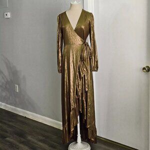 WAYF Meryl Long Sleeve Metallic Wrap High-Low Cocktail Dress